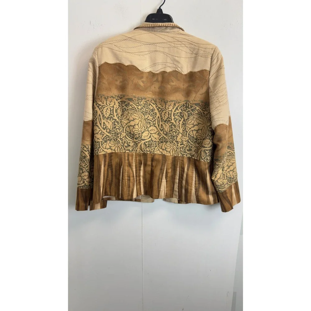 Coldwater Creek Womens Faux Suede Mixed Media Western Blazer Brown Tan Floral 14